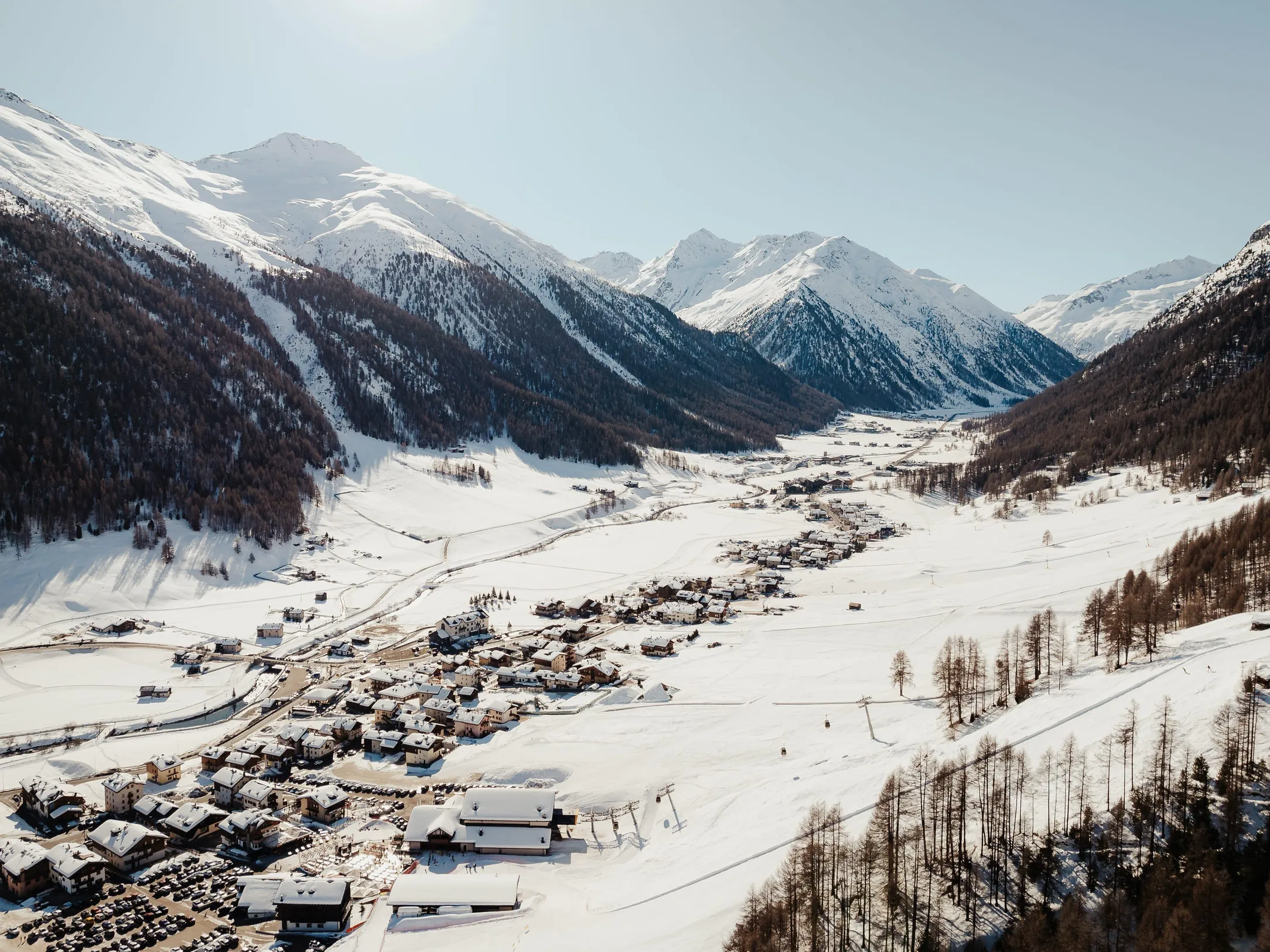 Aerial view of Livigno covered ith snow